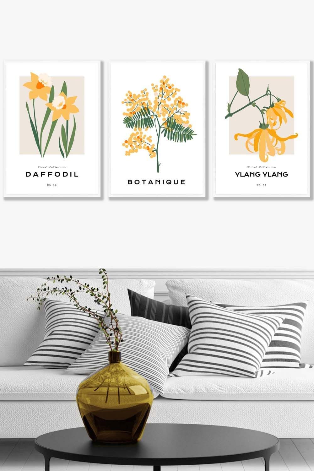 Set of 3 White Framed Vintage Graphical Yellow Spring Flower Market Wall Art